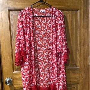 Red Floral Kimono with Lace Trim